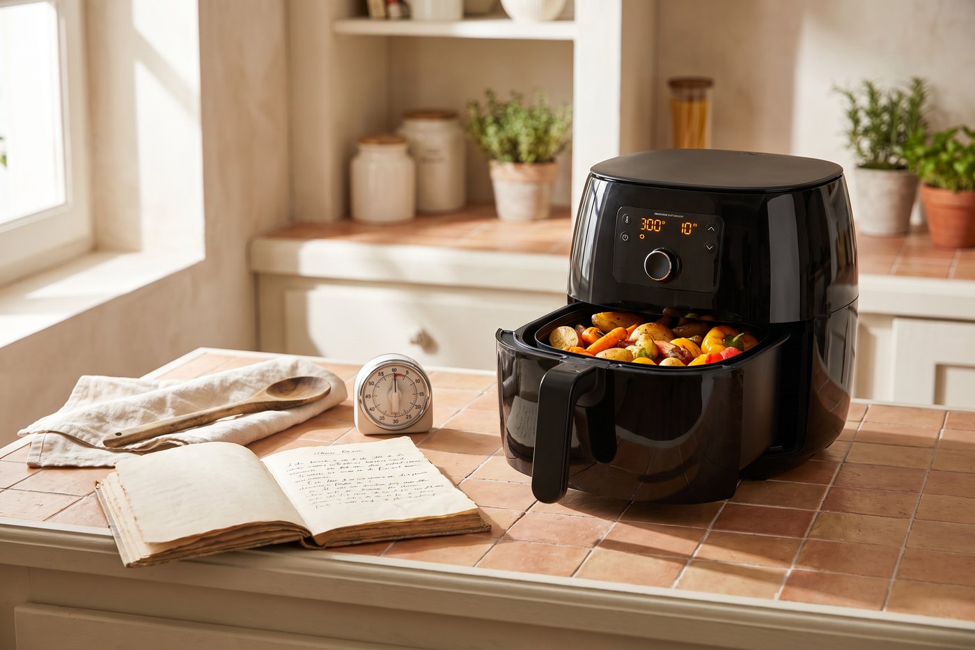 Air fryer posé sur un plan de travail à côté d'un vieux carnet de recettes et d'un minuteur